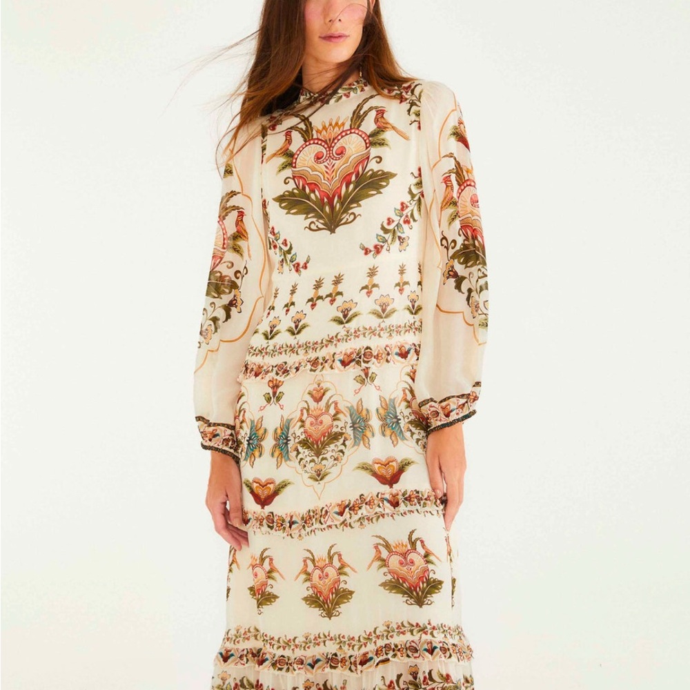 FARM Rio Cream and Multicolor Long Sleeve Dress